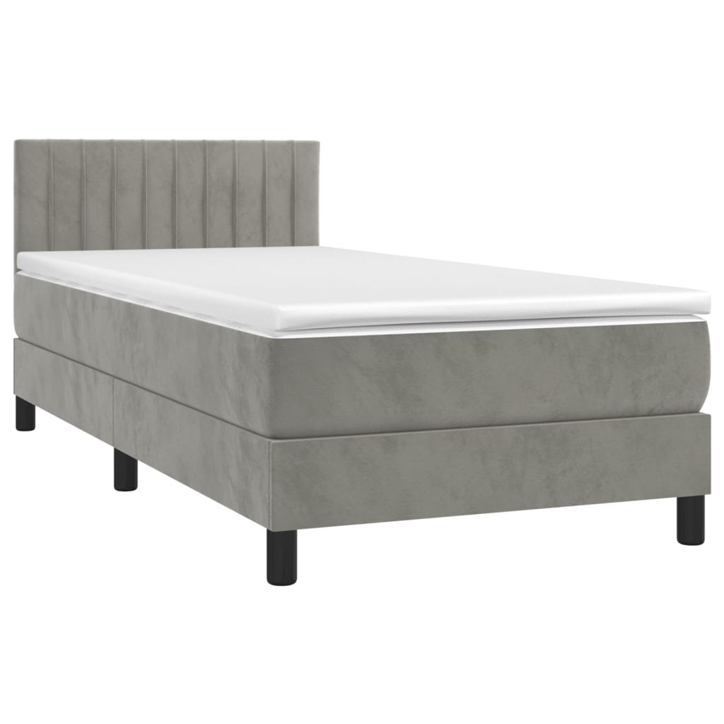 Krevet box spring s madracem LED svjetlosivi 90x200 cm baršun