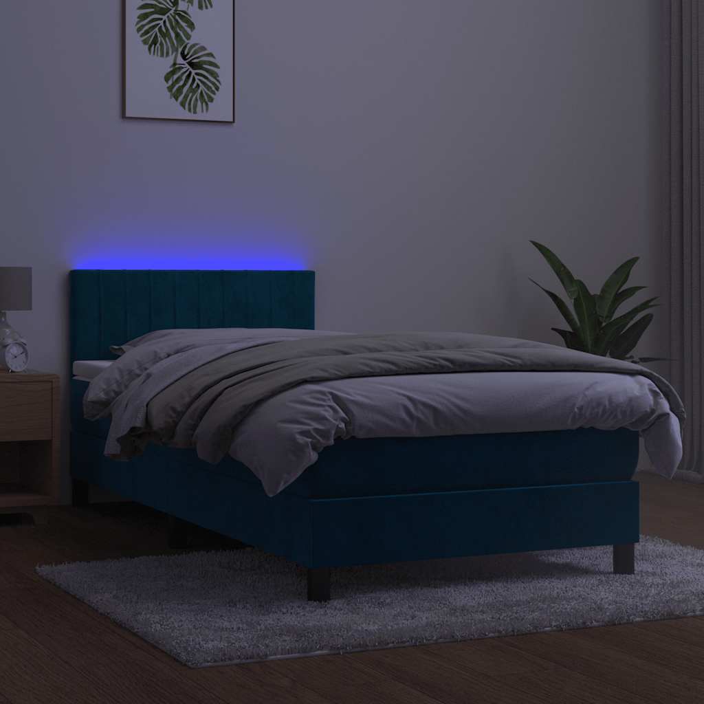 Krevet box spring s madracem LED tamnoplavi 90x200 cm baršun