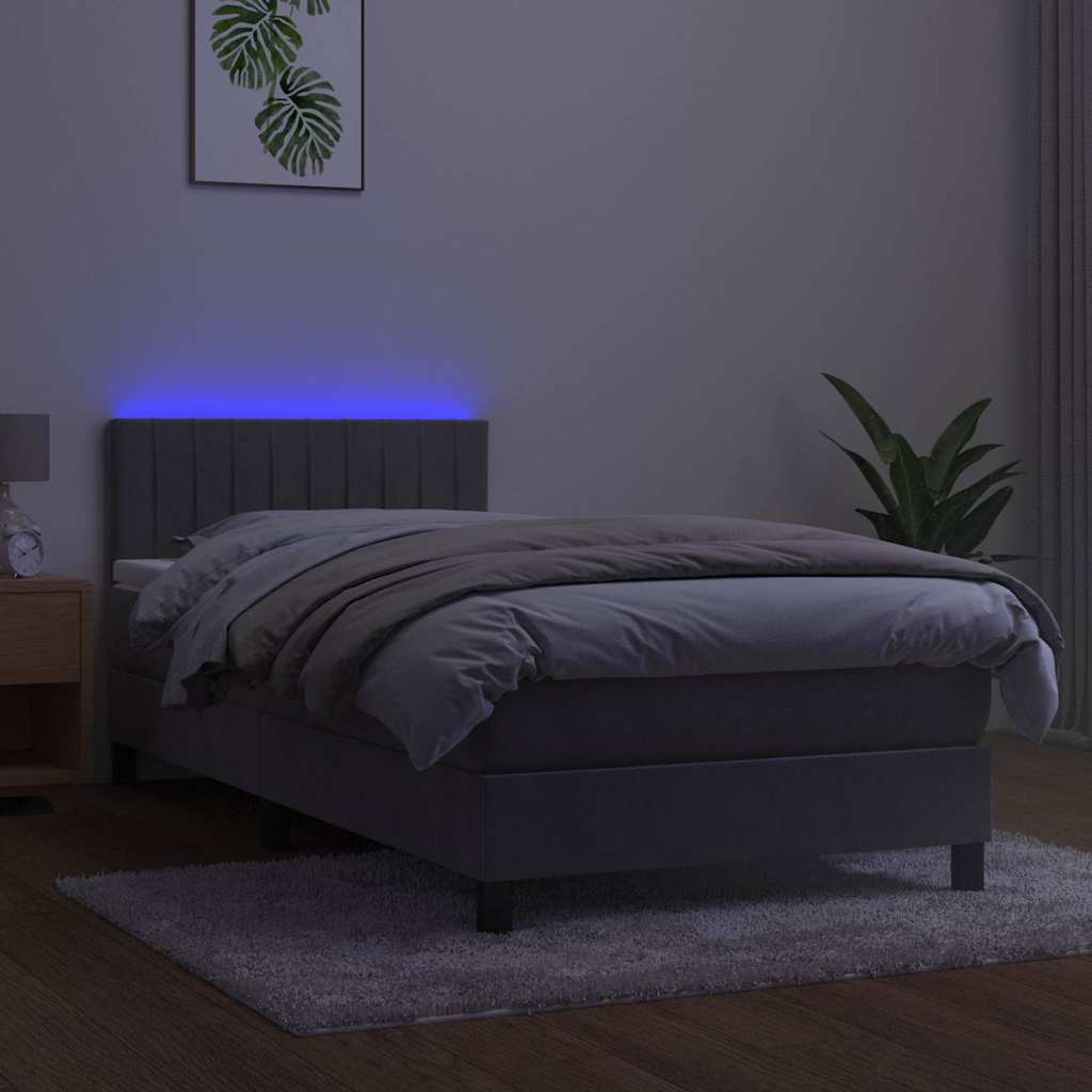 Krevet box spring s madracem LED svjetlosivi 100x200 cm baršun