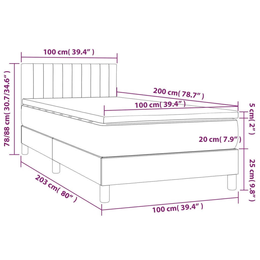Krevet box spring s madracem LED tamnosivi 100x200 cm baršun