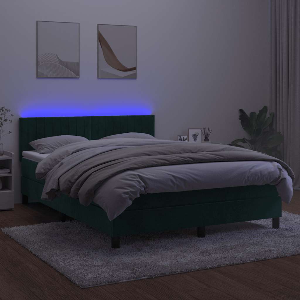 Krevet box spring s madracem LED tamnozeleni 140x200 cm baršun