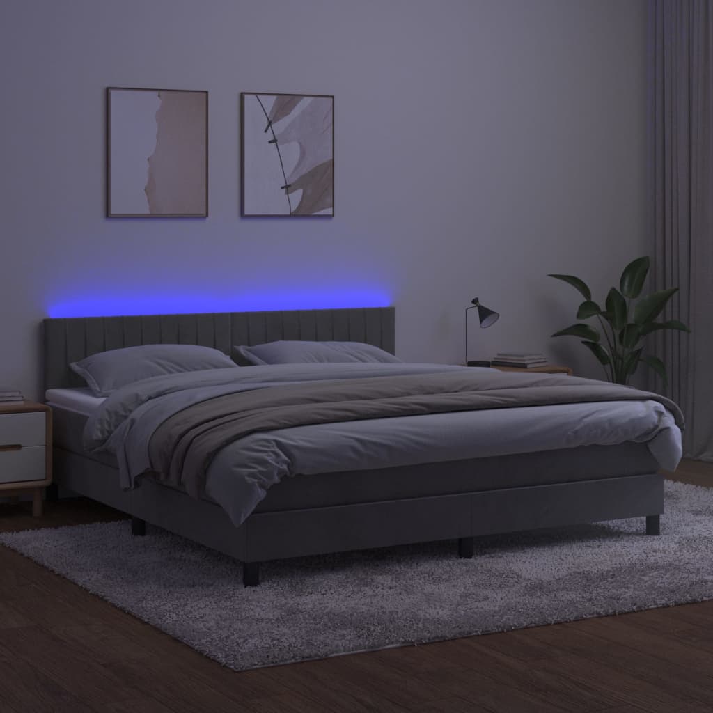 Krevet box spring s madracem LED svjetlosivi 160x200 cm baršun