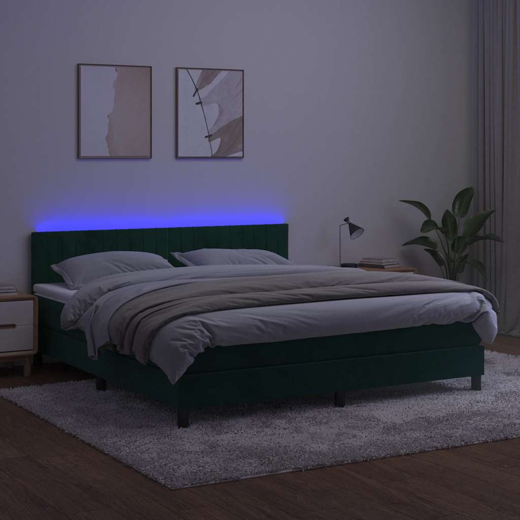 Krevet box spring s madracem LED tamnozeleni 160x200 cm baršun