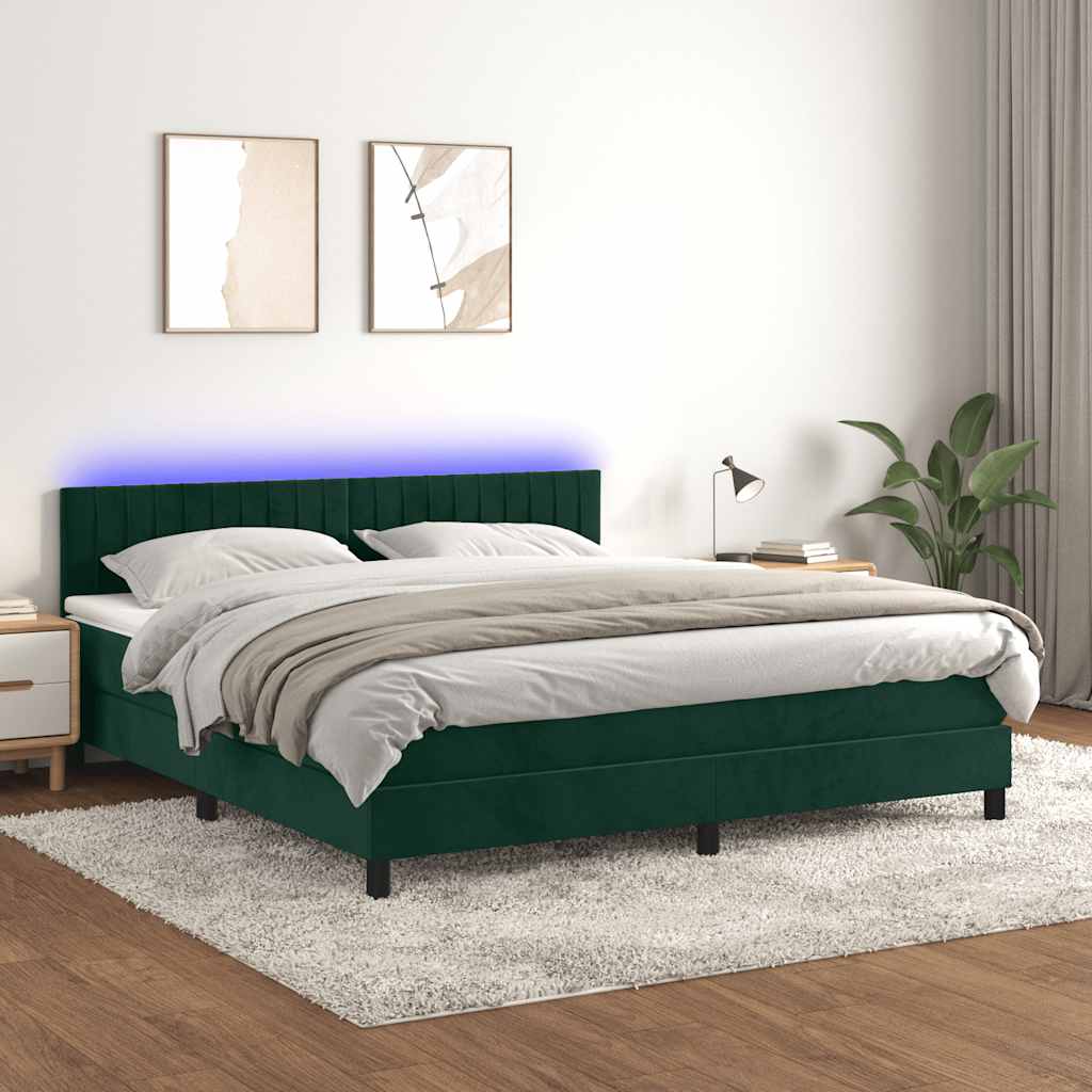 Krevet box spring s madracem LED tamnozeleni 160x200 cm baršun