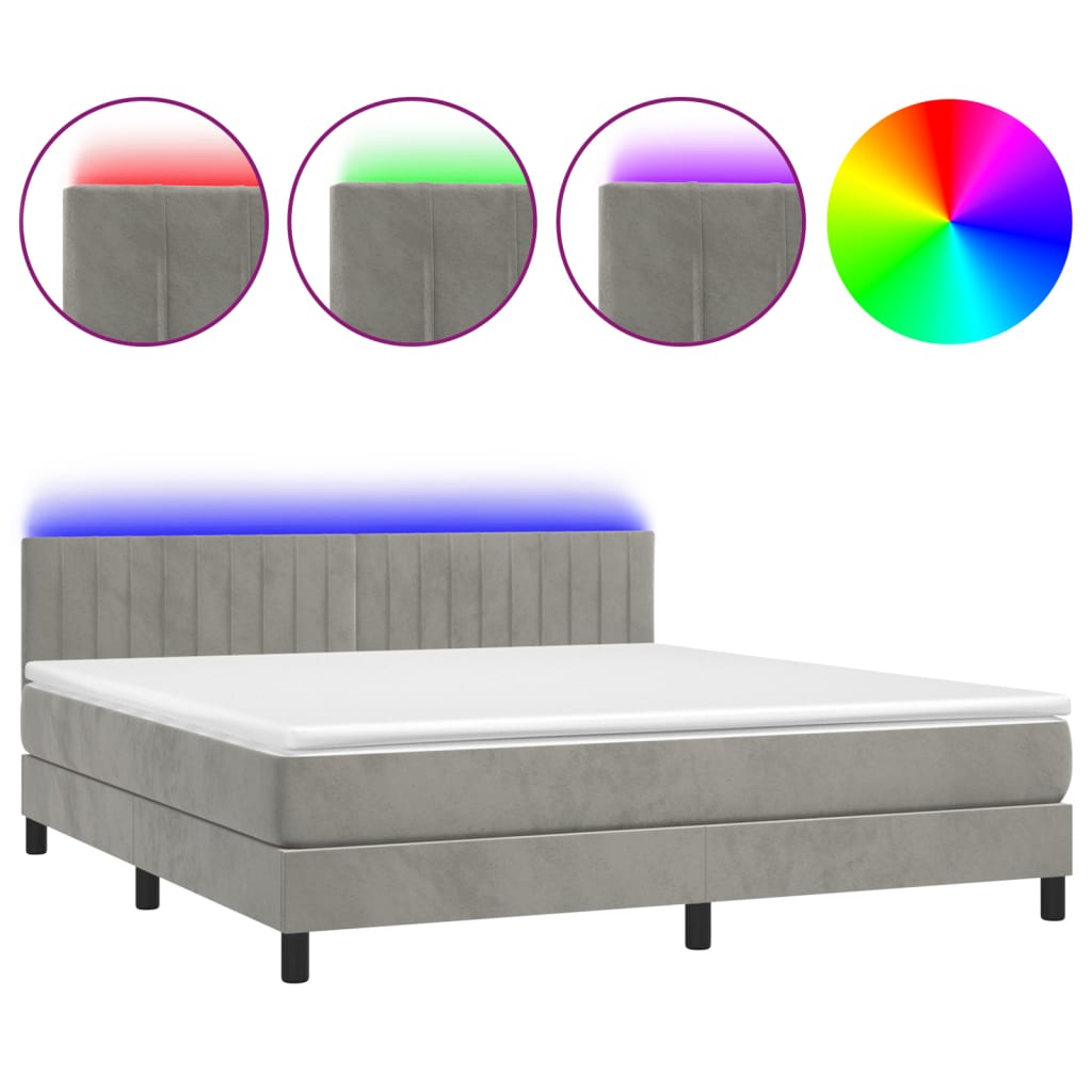Krevet box spring s madracem LED svjetlosivi 180x200 cm baršun