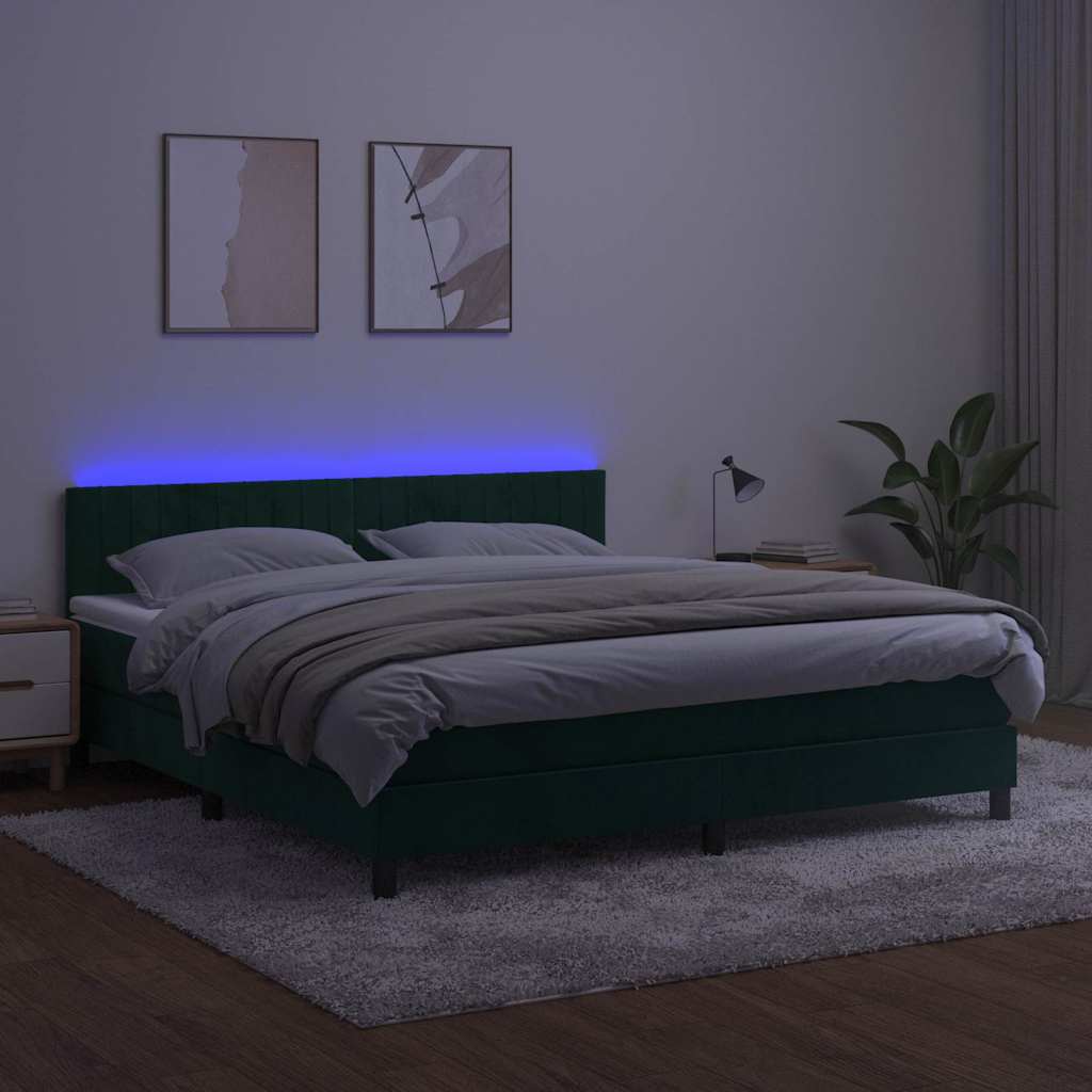 Krevet box spring s madracem LED tamnozeleni 180x200 cm baršun