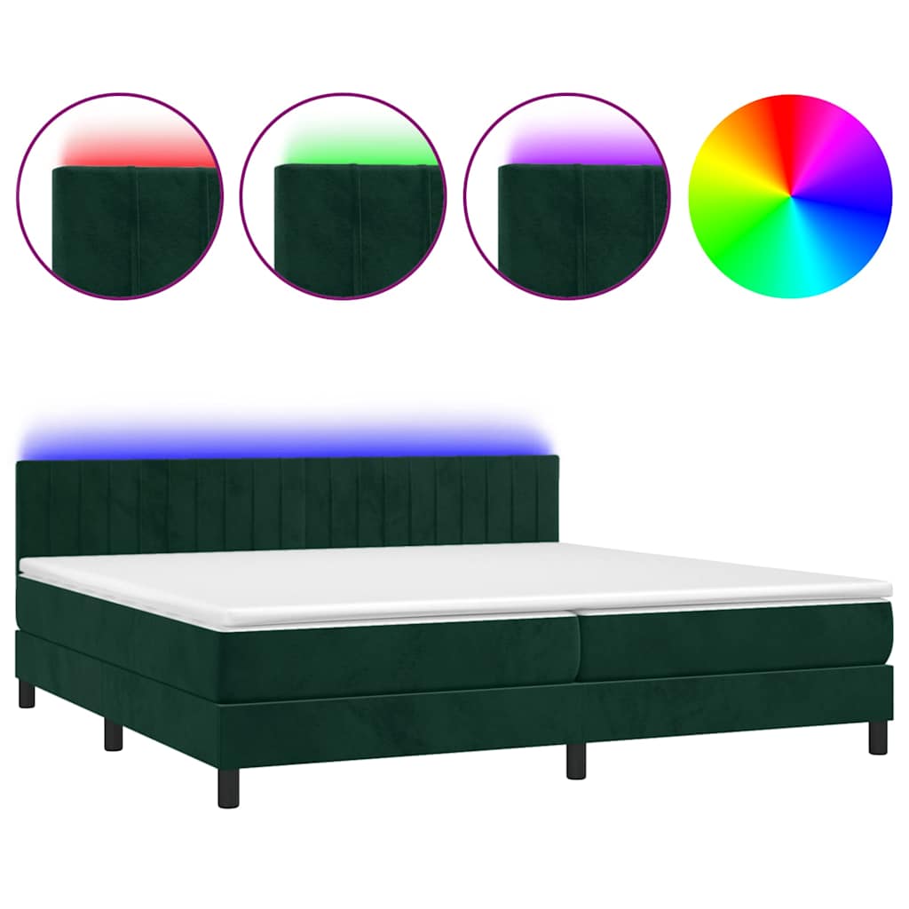 Krevet box spring s madracem LED tamnozeleni 200x200 cm baršun