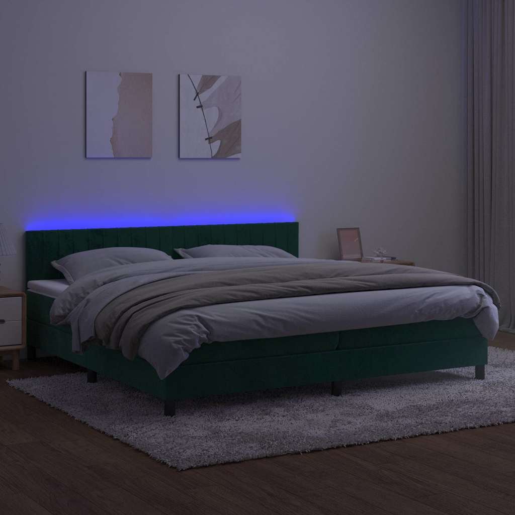 Krevet box spring s madracem LED tamnozeleni 200x200 cm baršun
