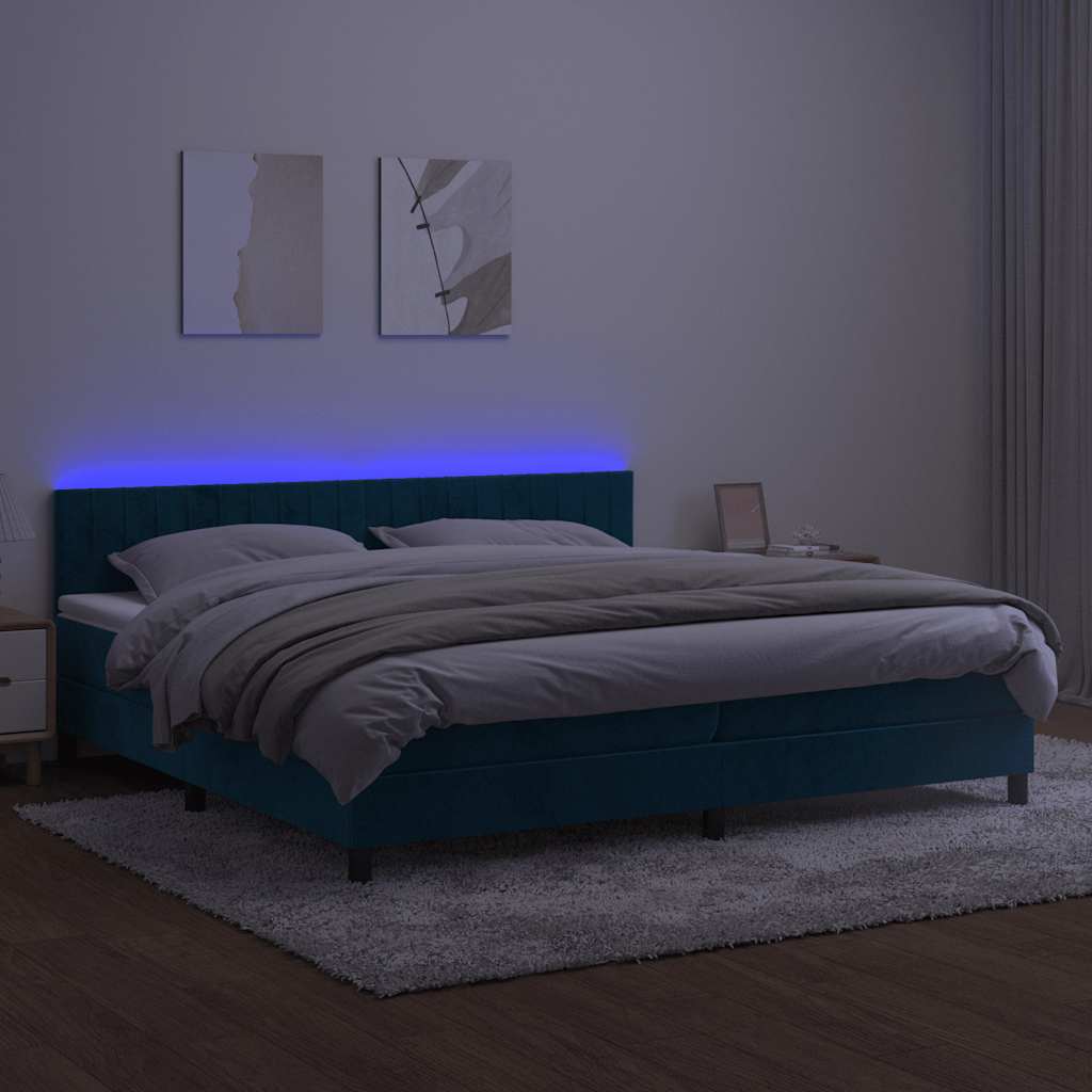 Krevet box spring s madracem LED tamnoplavi 200x200 cm baršun