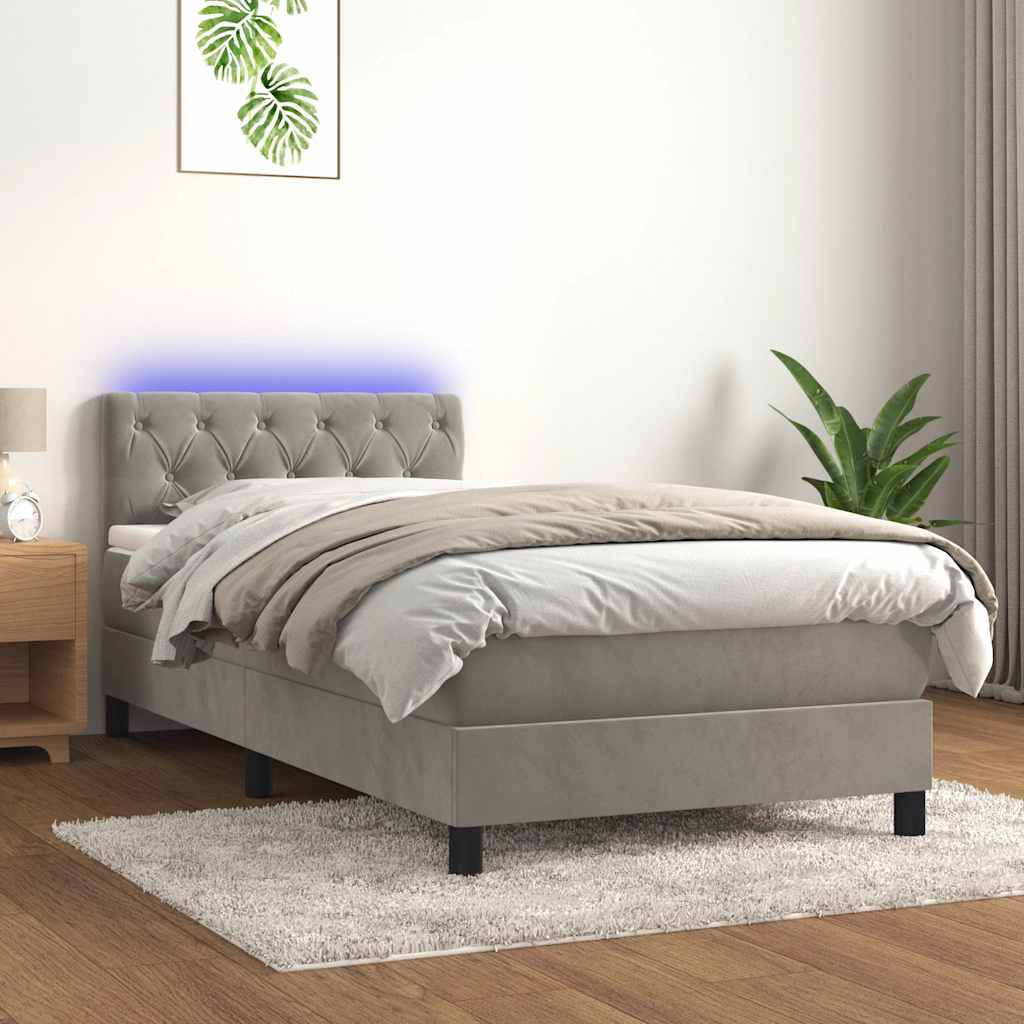 Krevet box spring s madracem LED svjetlosivi 80x200 cm baršun