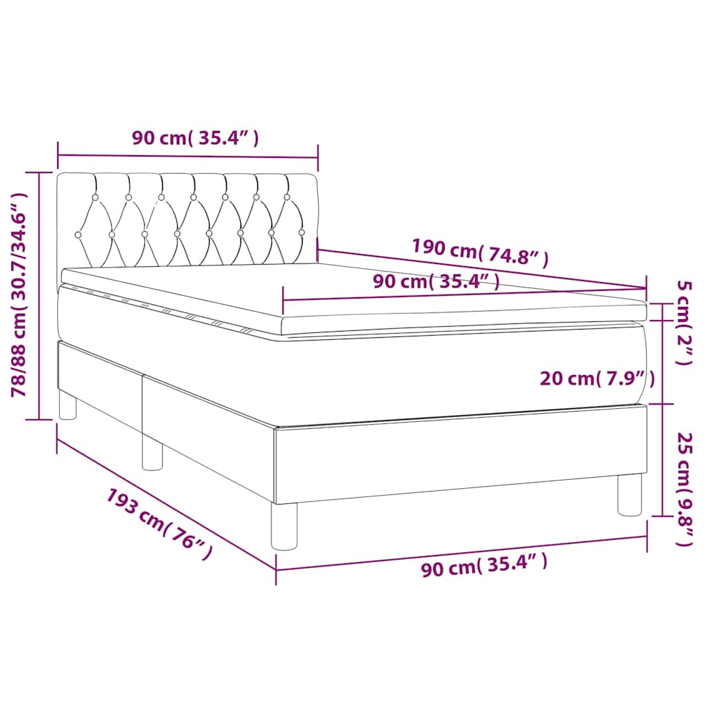 Krevet box spring s madracem LED crni 90x190 cm baršun