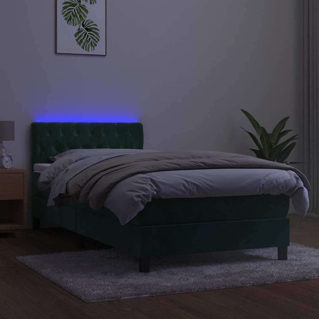Krevet box spring s madracem LED tamnozeleni 90x190 cm baršun