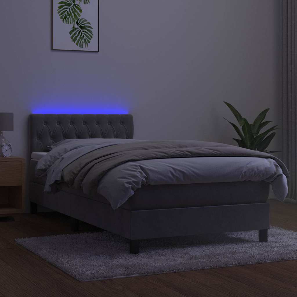Krevet box spring s madracem LED svjetlosivi 90x200 cm baršun