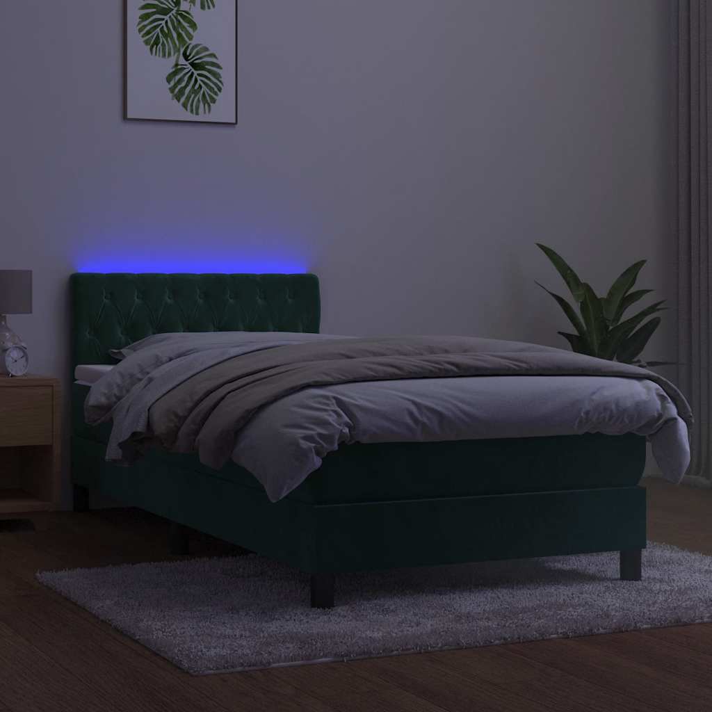 Krevet box spring s madracem LED tamnozeleni 90x200 cm baršun
