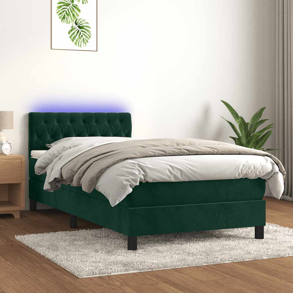 Krevet box spring s madracem LED tamnozeleni 90x200 cm baršun