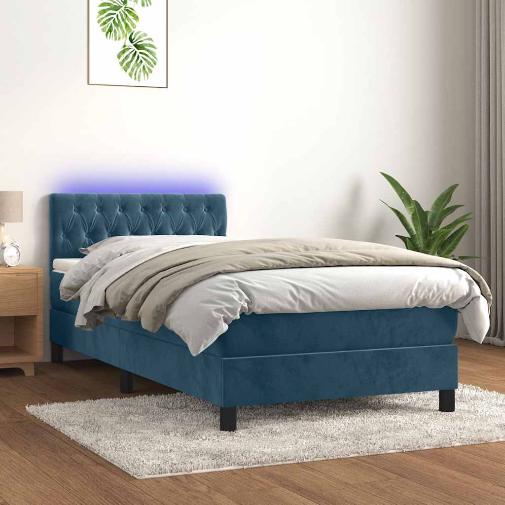 Krevet box spring s madracem LED tamnoplavi 90x200 cm baršun