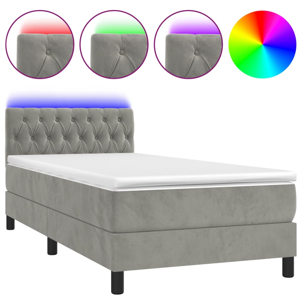 Krevet box spring s madracem LED svjetlosivi 100x200 cm baršun