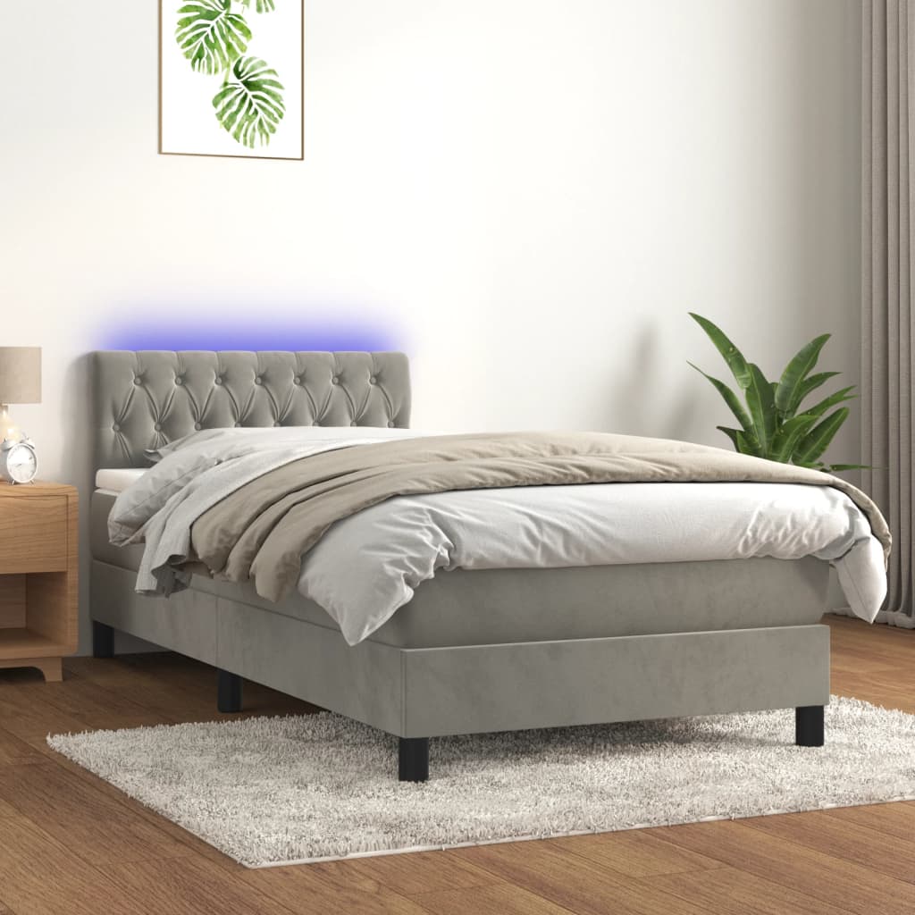 Krevet box spring s madracem LED svjetlosivi 100x200 cm baršun