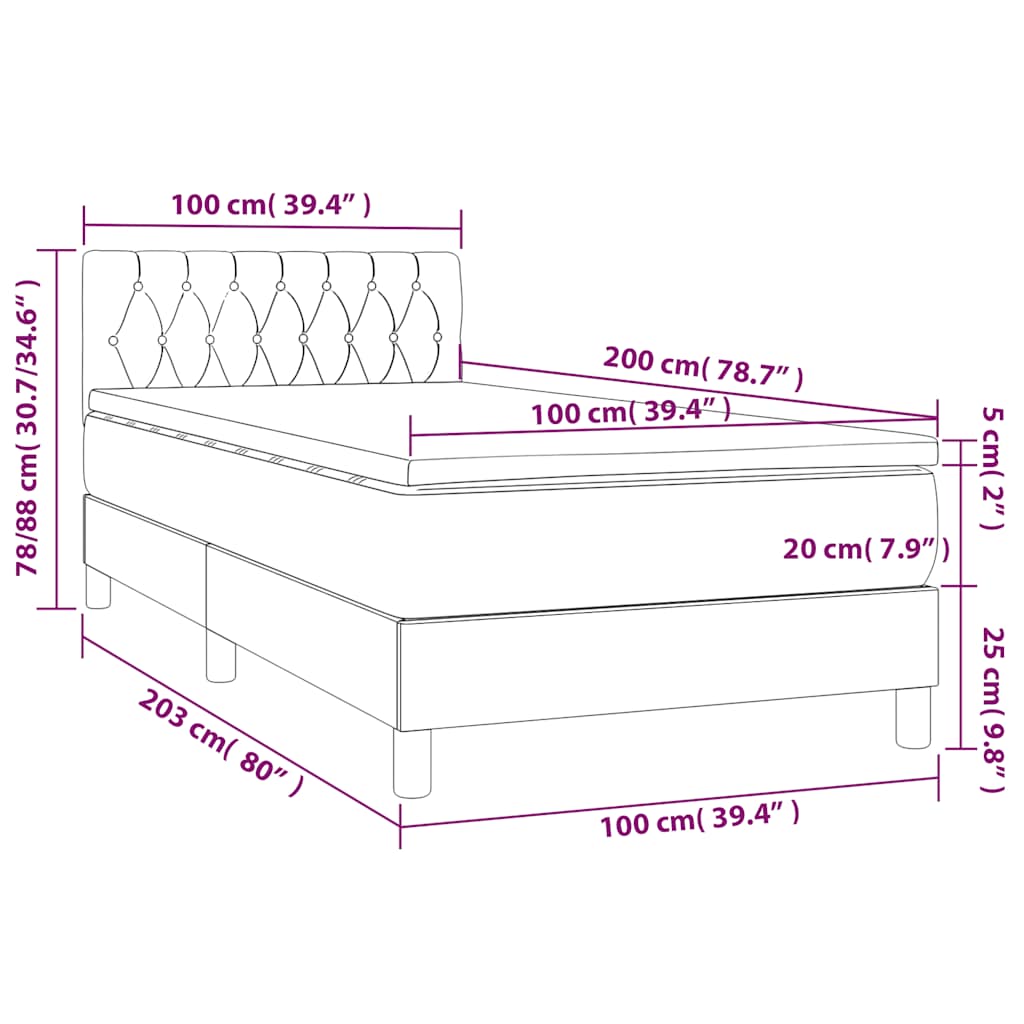 Krevet box spring s madracem LED crni 100x200 cm baršun