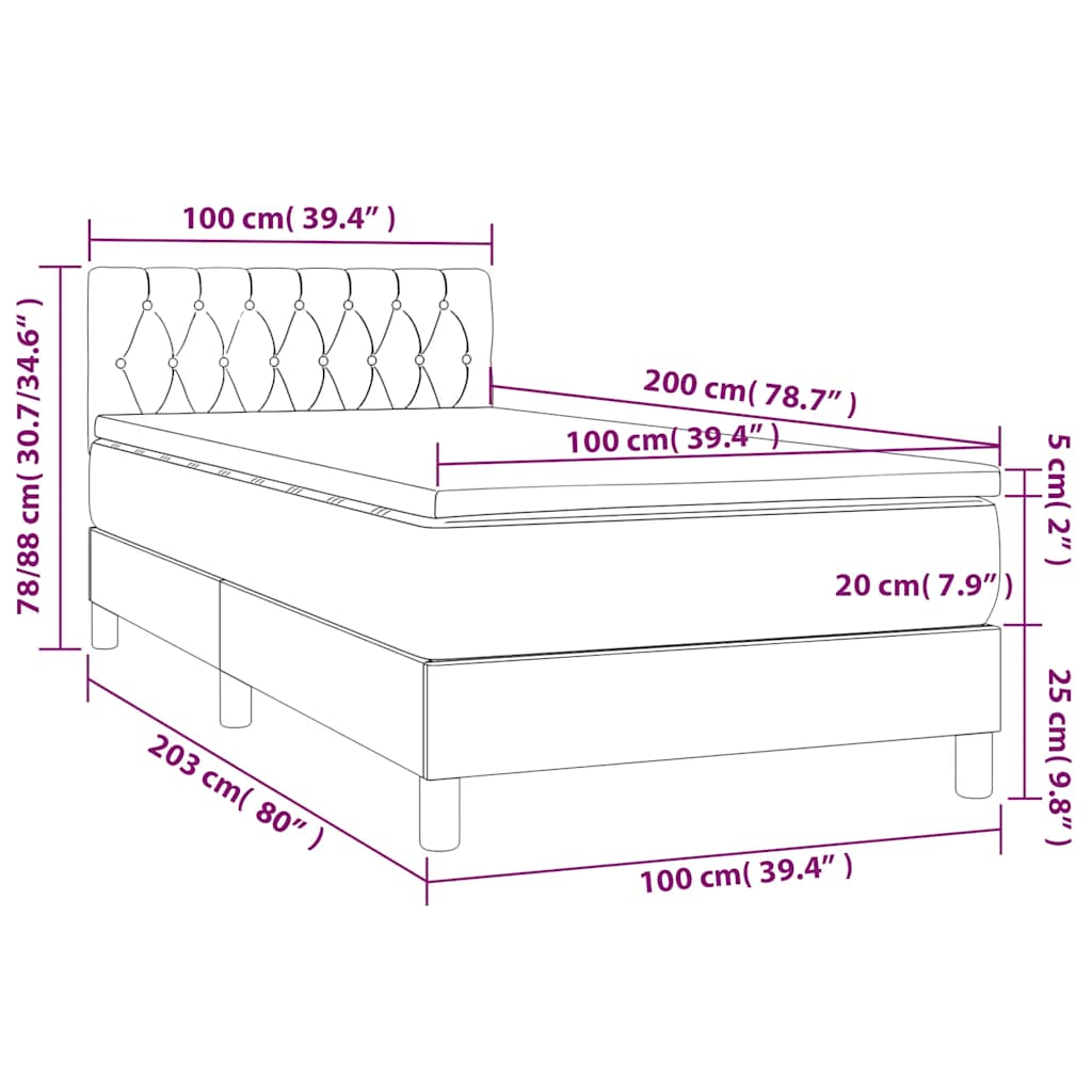 Krevet box spring s madracem LED tamnoplavi 100x200 cm baršun