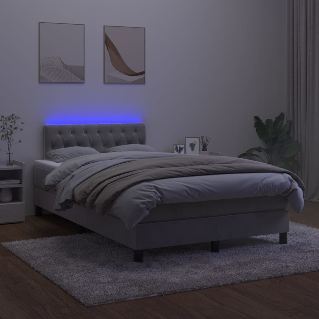 Krevet box spring s madracem LED svjetlosivi 120x200 cm baršun