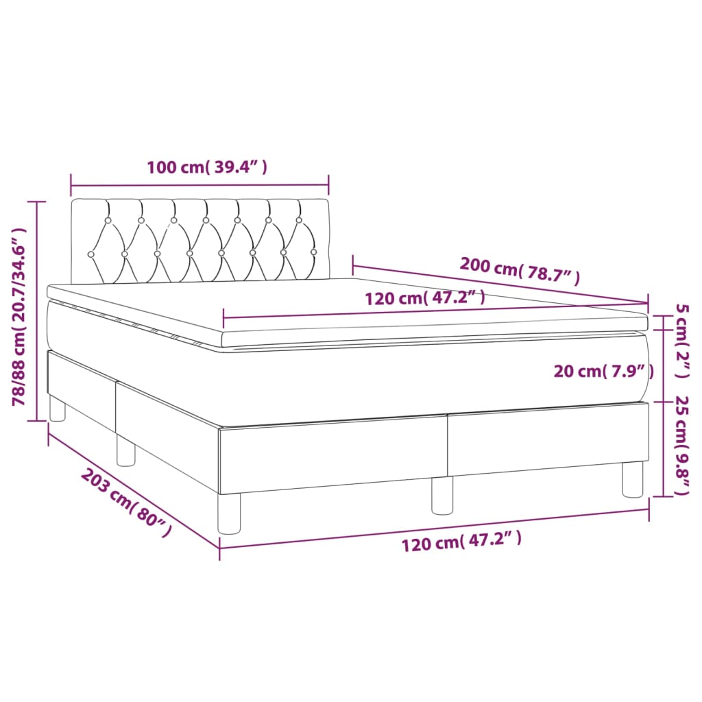 Krevet box spring s madracem LED svjetlosivi 120x200 cm baršun