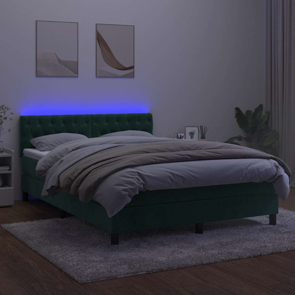 Krevet box spring s madracem LED tamnozeleni 140x190 cm baršun