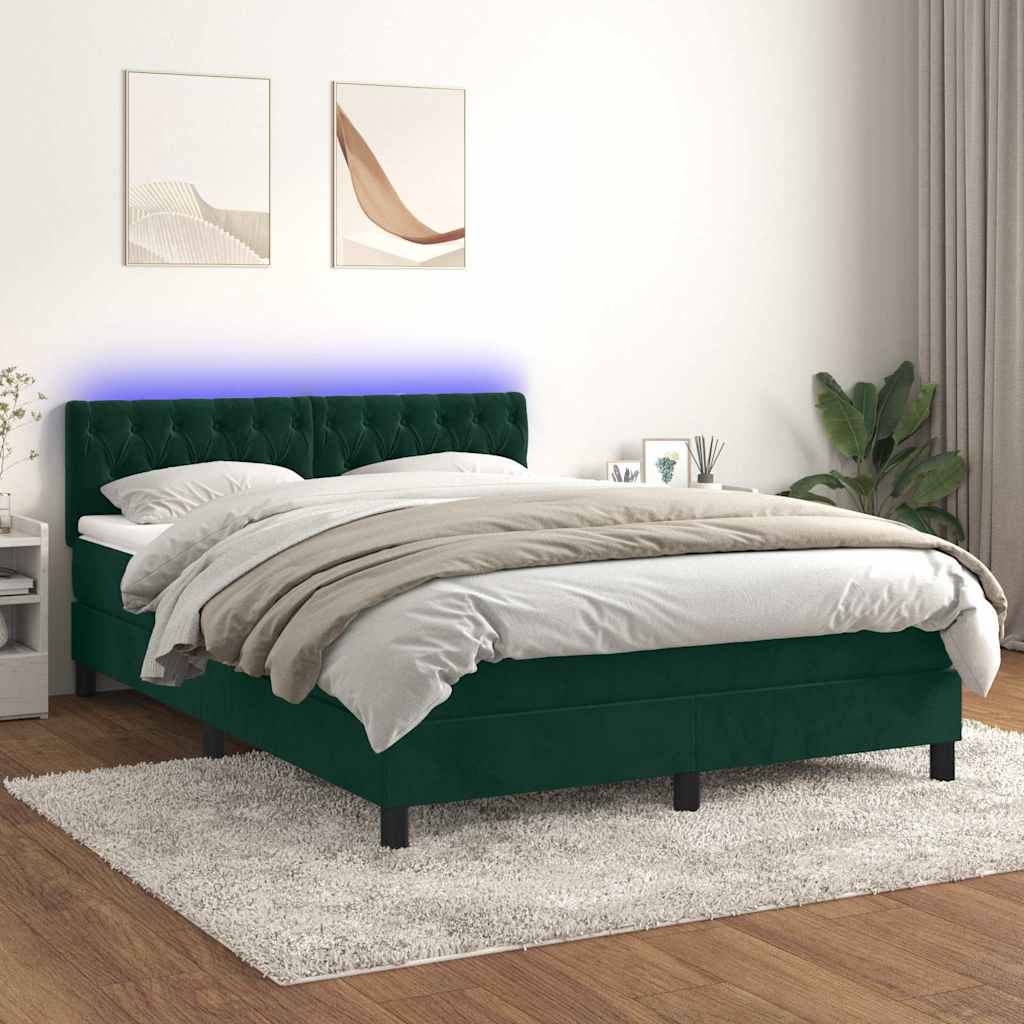 Krevet box spring s madracem LED tamnozeleni 140x200 cm baršun