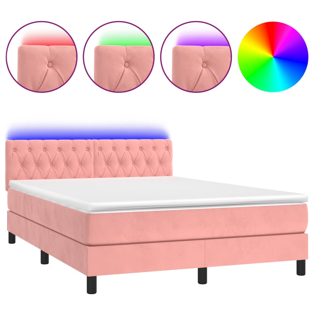 Krevet box spring s madracem LED ružičasti 140x200cm baršunasti