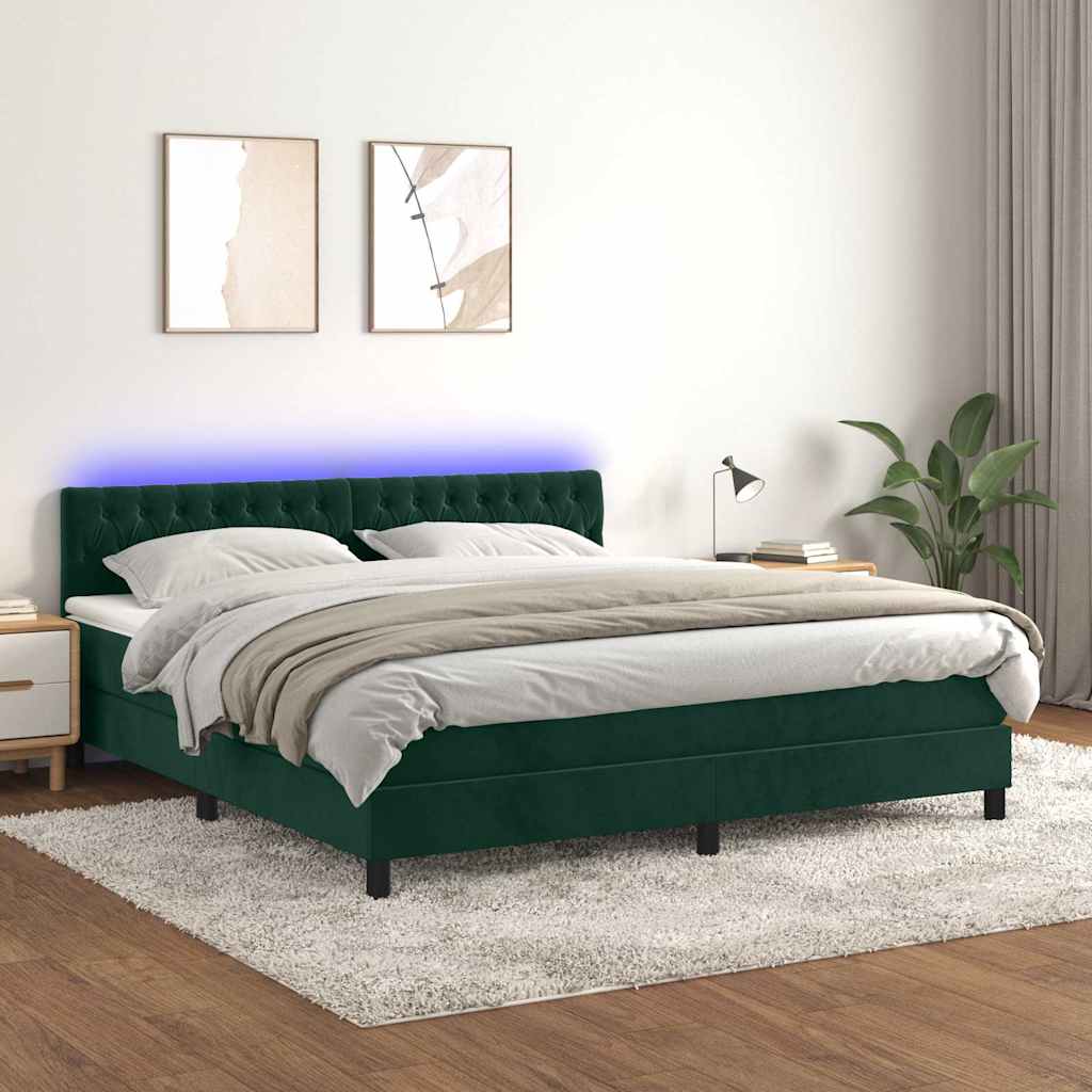 Krevet box spring s madracem LED tamnozeleni 160x200 cm baršun