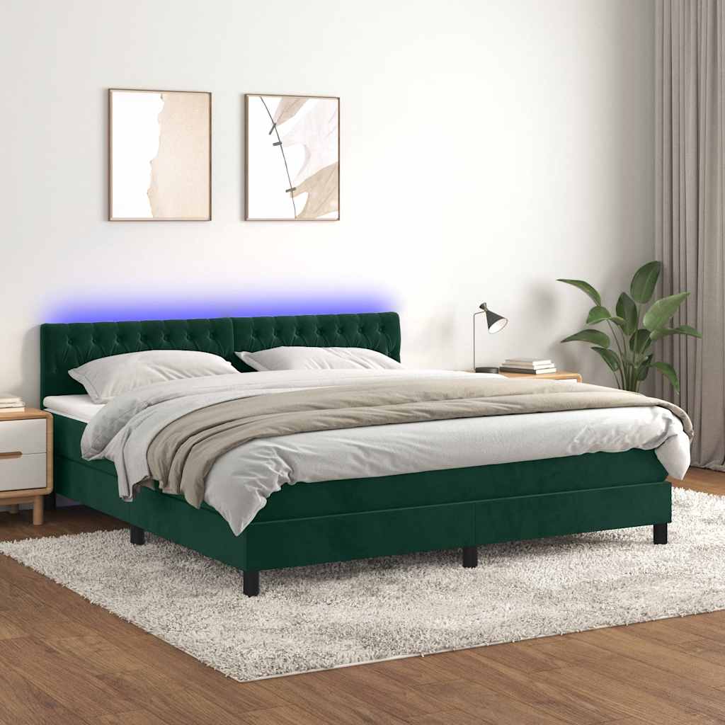 Krevet box spring s madracem LED tamnozeleni 180x200 cm baršun