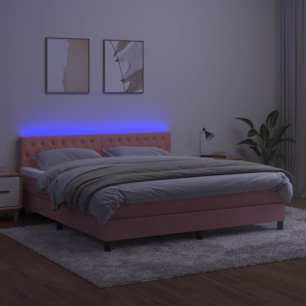 Krevet box spring s madracem LED ružičasti 180x200cm baršunasti