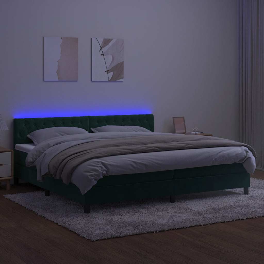 Krevet box spring s madracem LED tamnozeleni 200x200 cm baršun