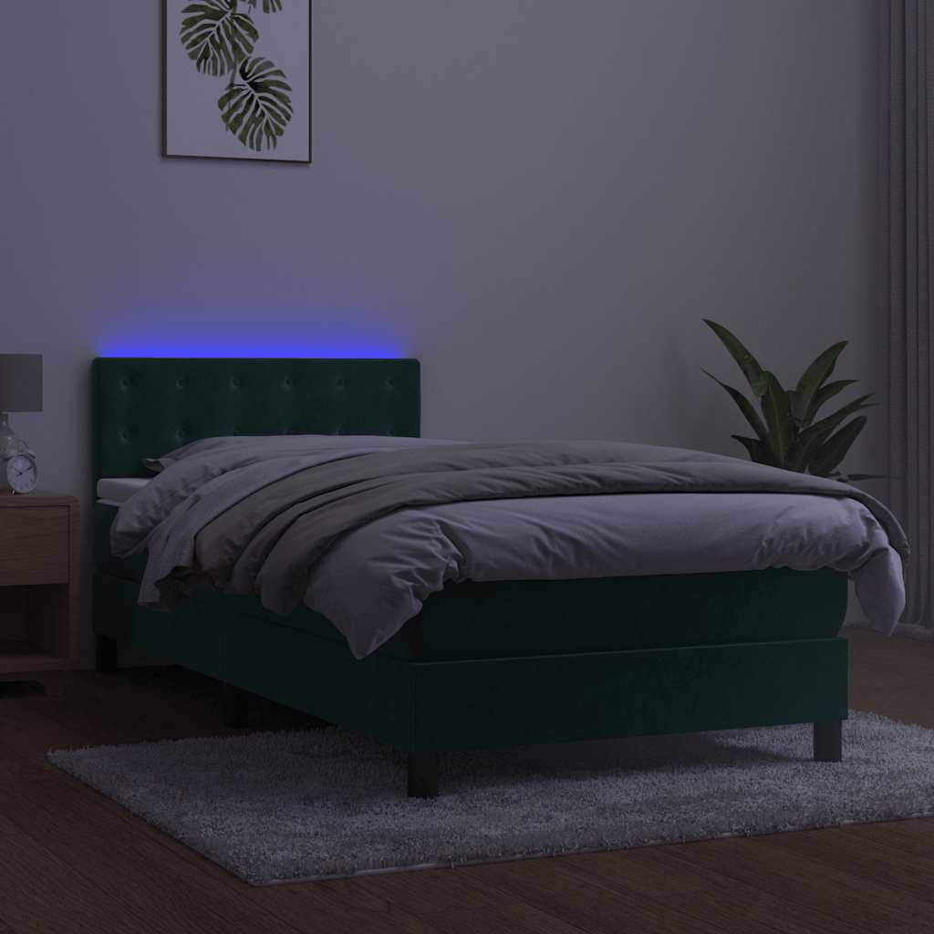 Krevet box spring s madracem LED tamnozeleni 90x190 cm baršun