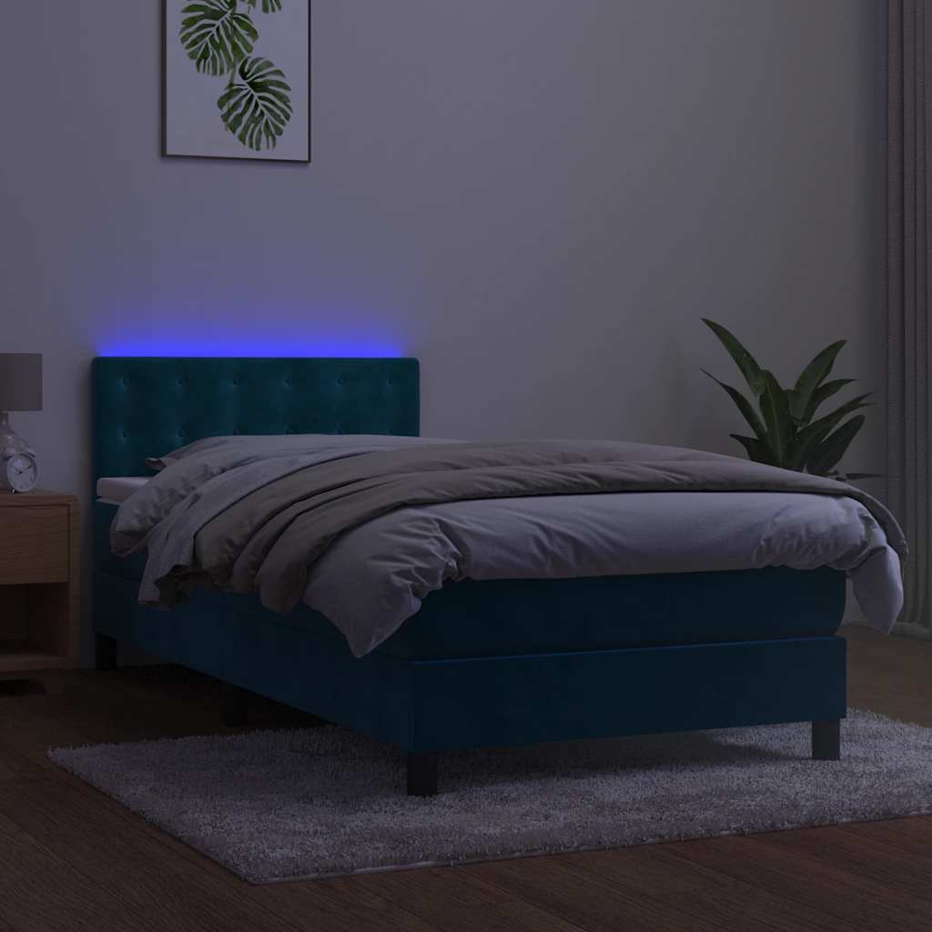 Krevet box spring s madracem LED tamnoplavi 90x200 cm baršun