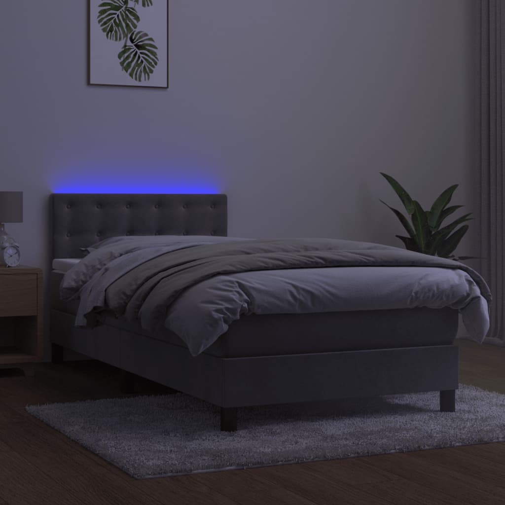 Krevet box spring s madracem LED svjetlosivi 100x200 cm baršun