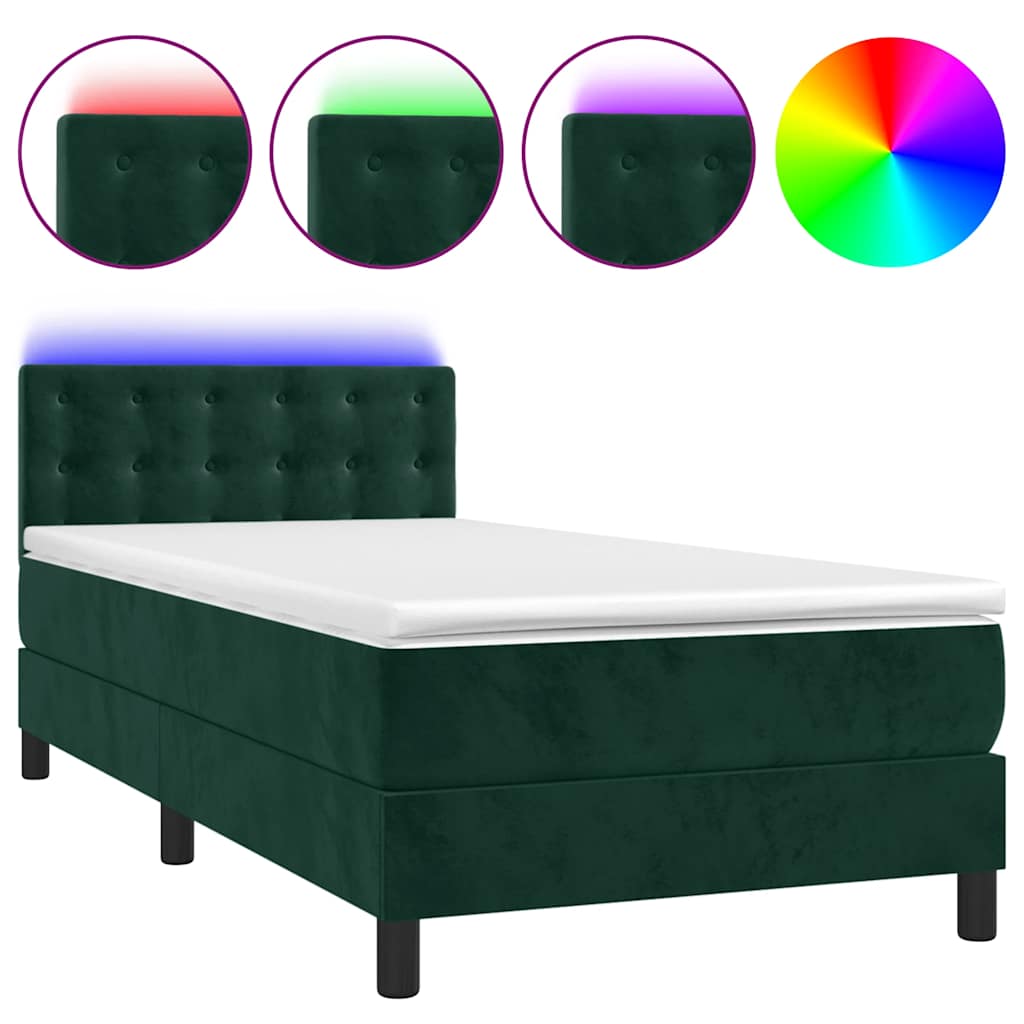 Krevet box spring s madracem LED tamnozeleni 100x200 cm baršun