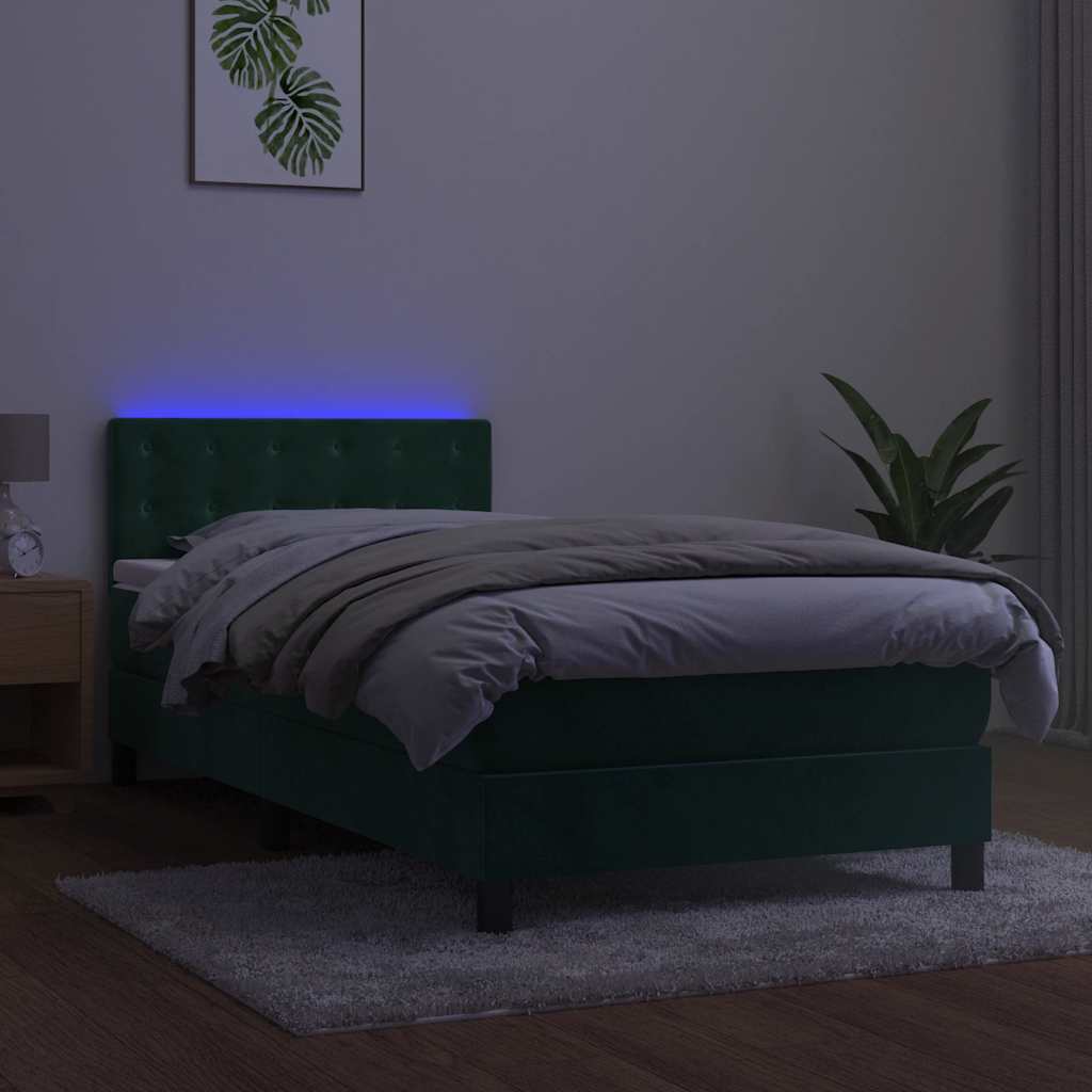 Krevet box spring s madracem LED tamnozeleni 100x200 cm baršun