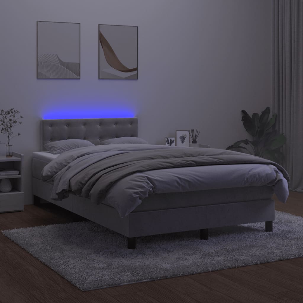 Krevet box spring s madracem LED svjetlosivi 120x200 cm baršun