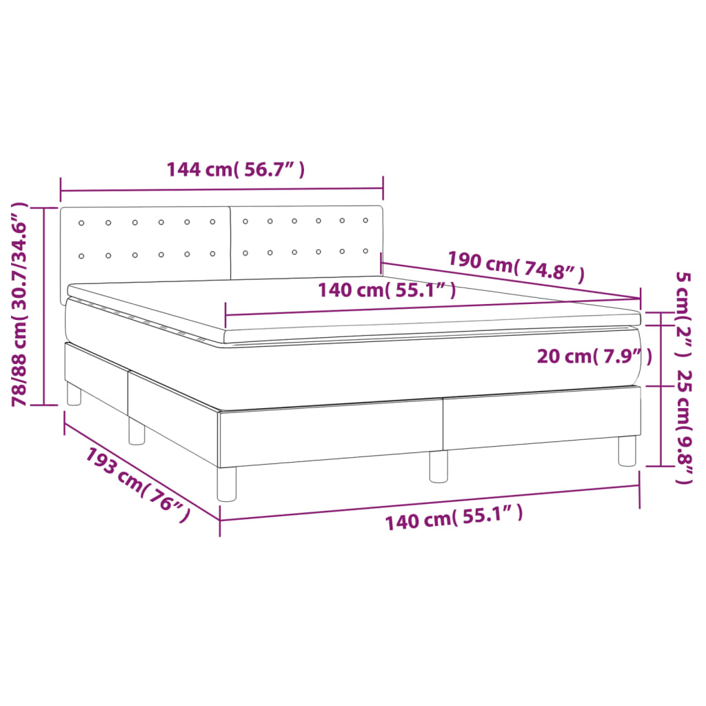 Krevet box spring s madracem LED svjetlosivi 140x190 cm baršun