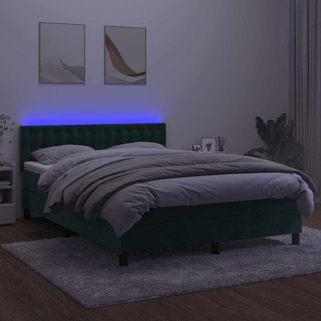 Krevet box spring s madracem LED tamnozeleni 140x190 cm baršun