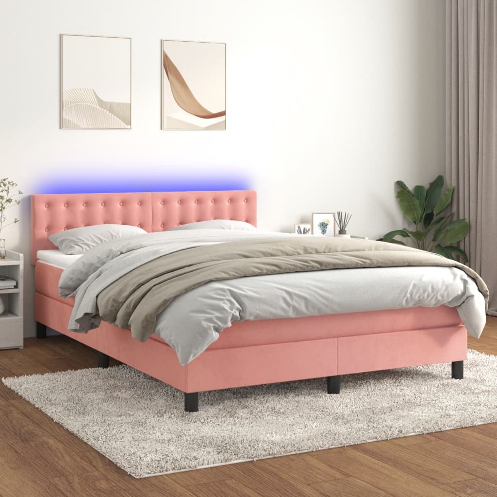 Krevet box spring s madracem LED ružičasti 140x200cm baršunasti