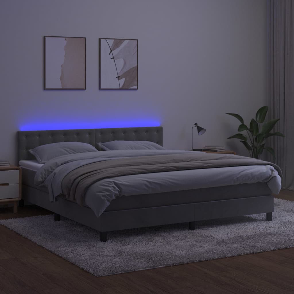 Krevet box spring s madracem LED svjetlosivi 160x200 cm baršun