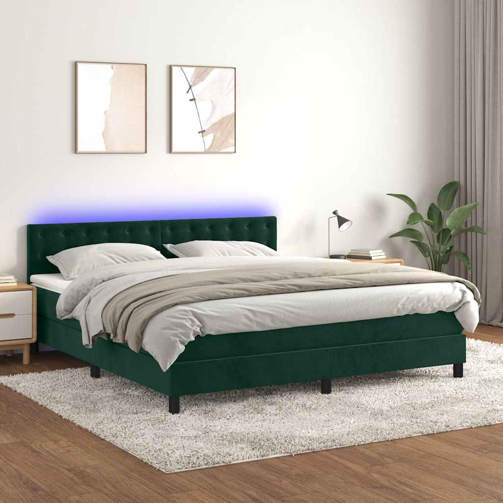 Krevet box spring s madracem LED tamnozeleni 160x200 cm baršun