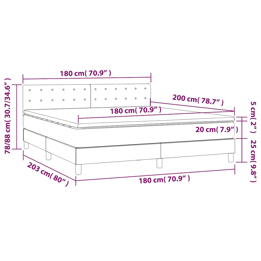 Krevet box spring s madracem LED crni 180x200 cm baršun