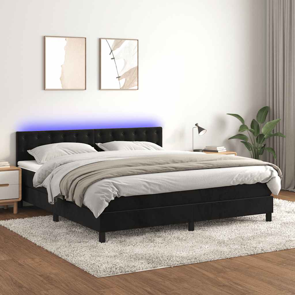 Krevet box spring s madracem LED crni 180x200 cm baršun