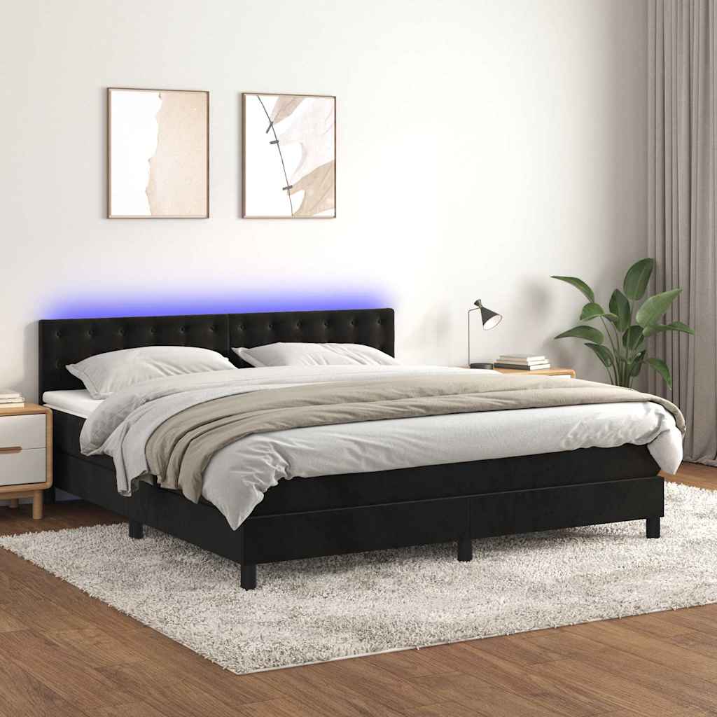 Krevet box spring s madracem LED crni 180x200 cm baršun
