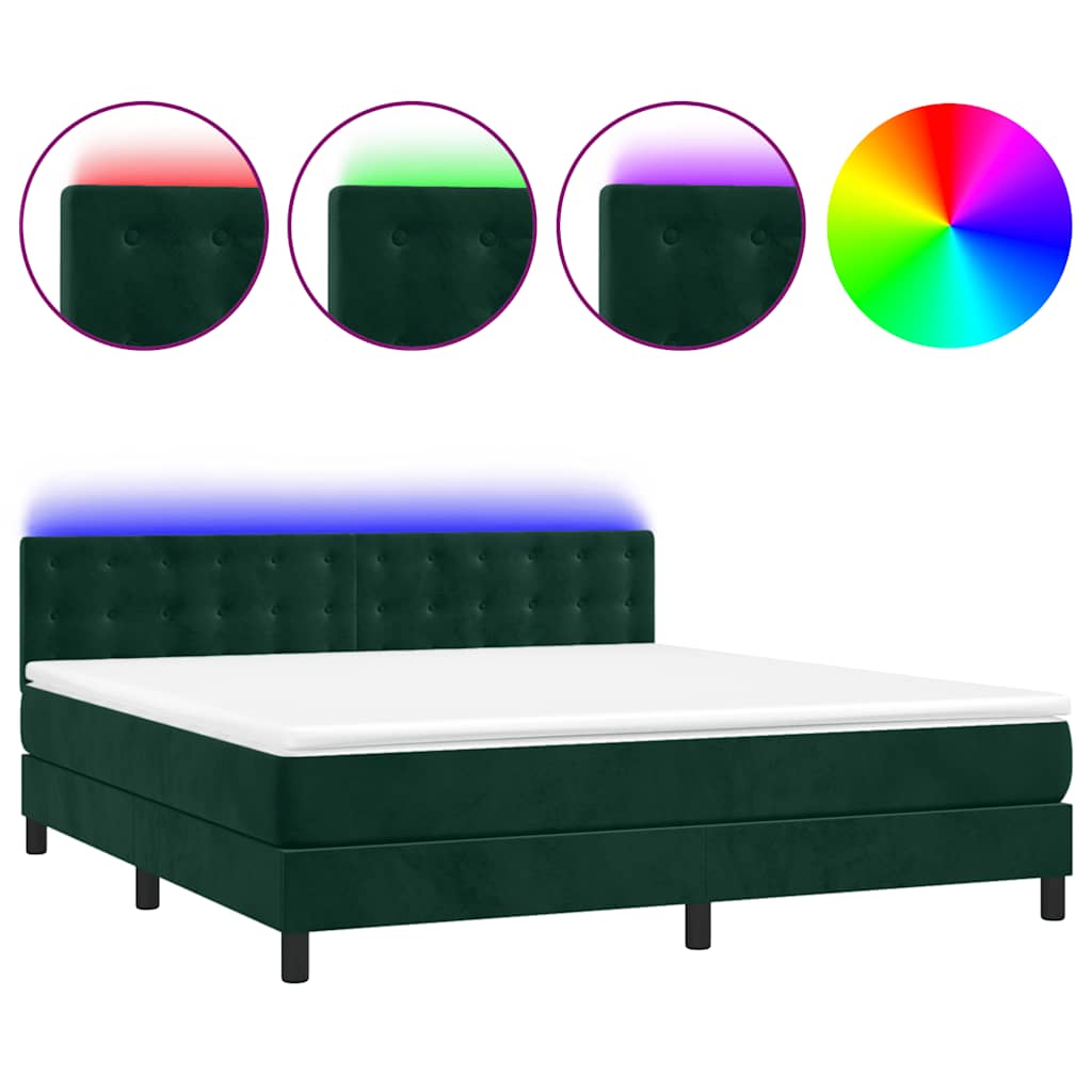 Krevet box spring s madracem LED tamnozeleni 180x200 cm baršun