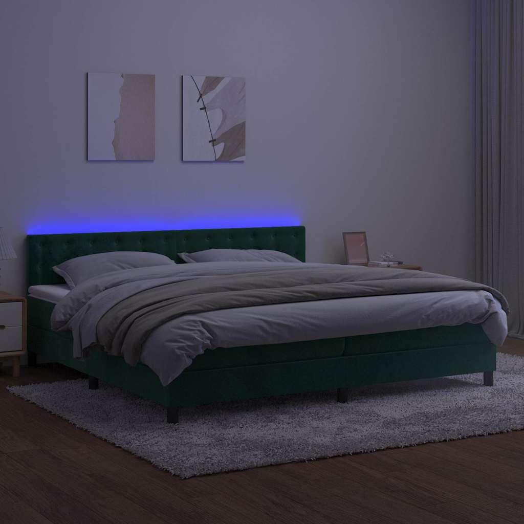 Krevet box spring s madracem LED tamnozeleni 200x200 cm baršun