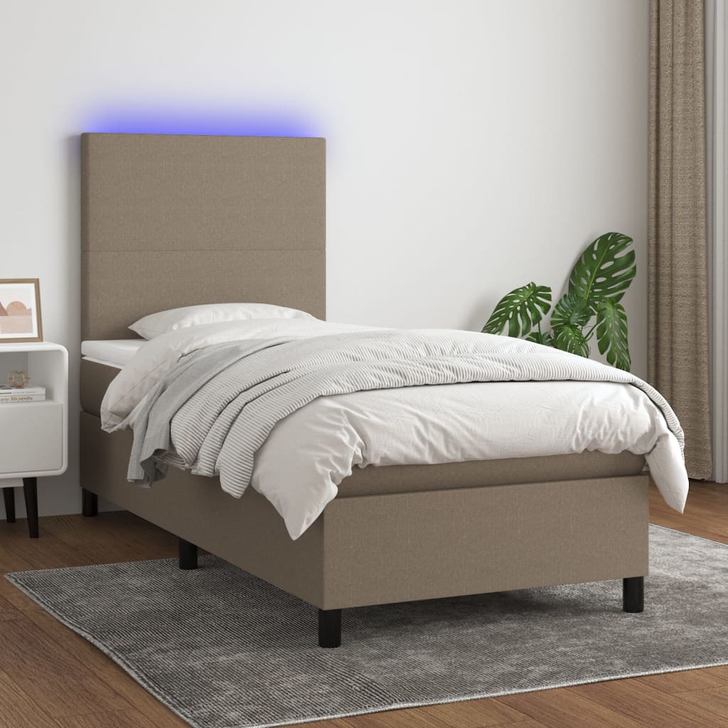 Krevet box spring s madracem LED smeđesivi 90x200 cm tkanina
